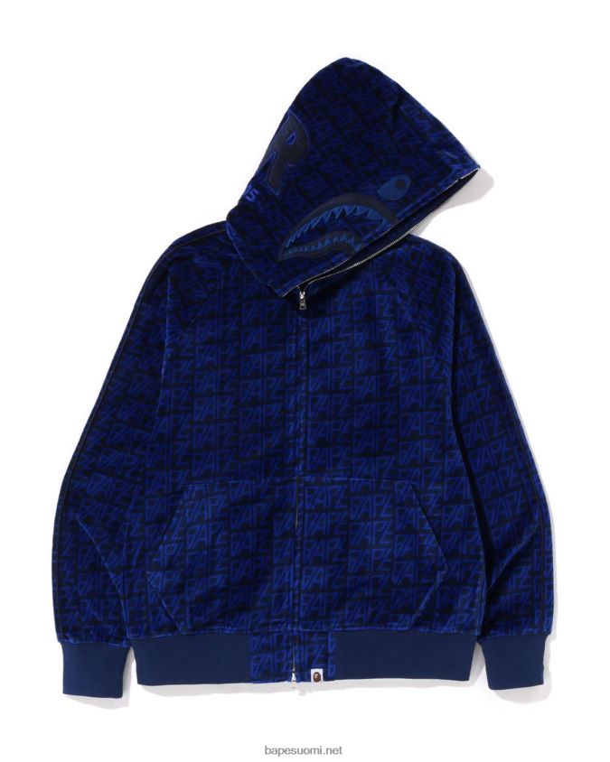 laivastonsininen miehet A Bathing Ape logomonogrammi velour shark täysvetoketjuhuppari 8HT2D8227