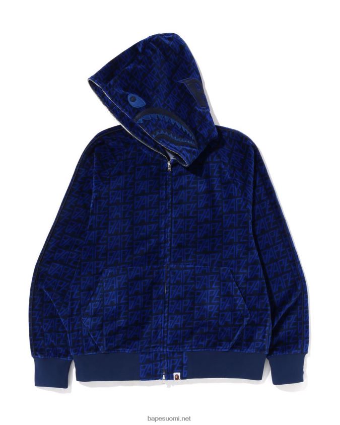 laivastonsininen miehet A Bathing Ape logomonogrammi velour shark täysvetoketjuhuppari 8HT2D8227