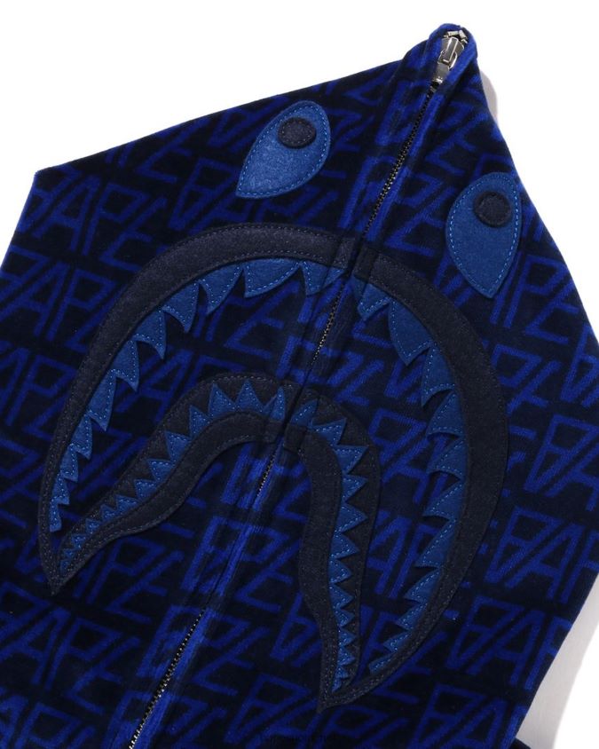 laivastonsininen miehet A Bathing Ape logomonogrammi velour shark täysvetoketjuhuppari 8HT2D8227