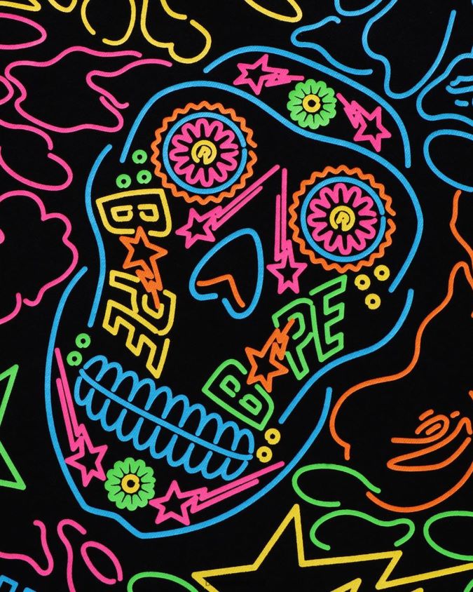 musta miehet A Bathing Ape halloween neon meksikolainen kallo t-paita 8HT2D8378